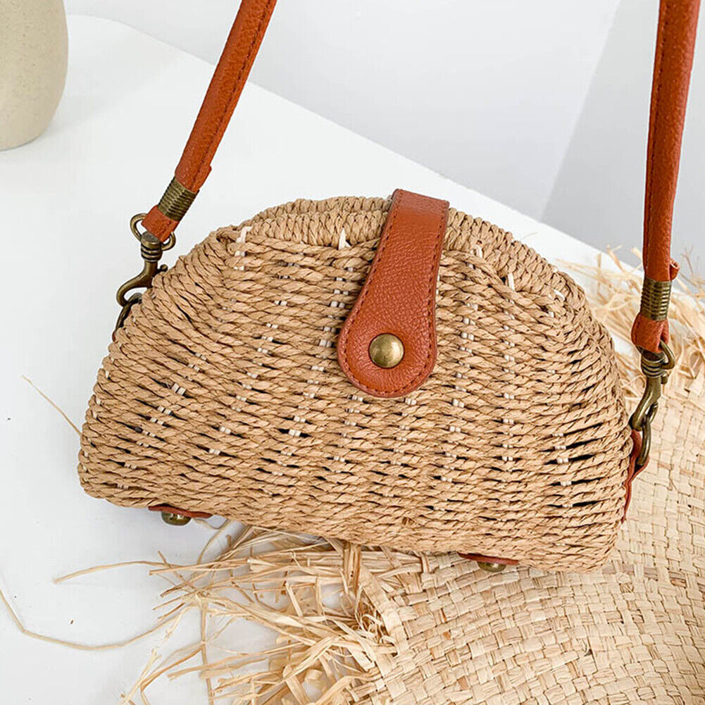 Fashion Women Woven Messenger Bag Beach Vacation Dumpling Handbag (Khaki)