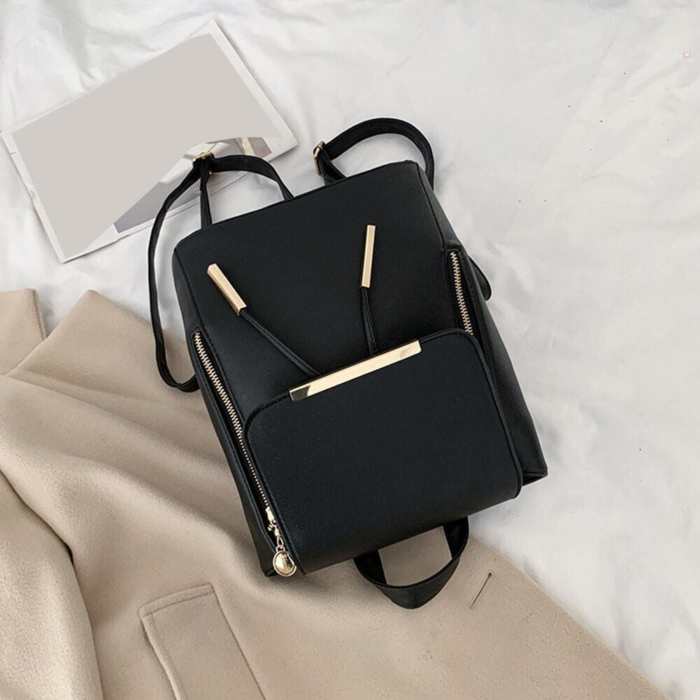 Fashion Women PU Pure Color Backpack Casual Drawstring Handbags (Black A)