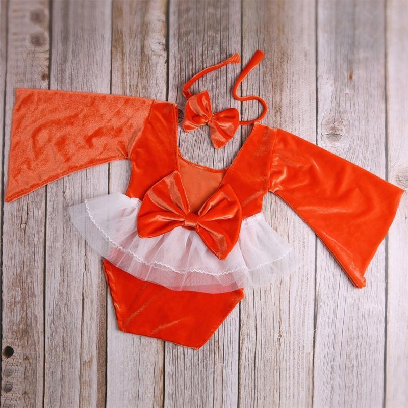 Newborn Baby Photography Clothes Soft Lace Neckline Velvet Romper Bow Hair Tie