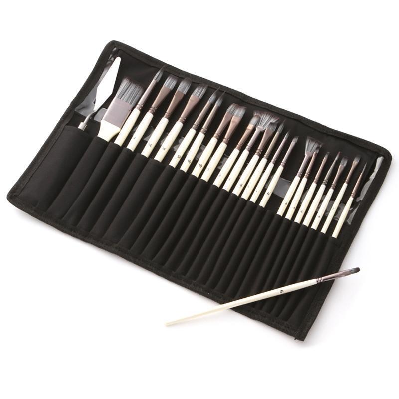 24pcs Nylon Hair Wooden Handle Watercolor Paint Brushes Pen Scraper Scrubbing
