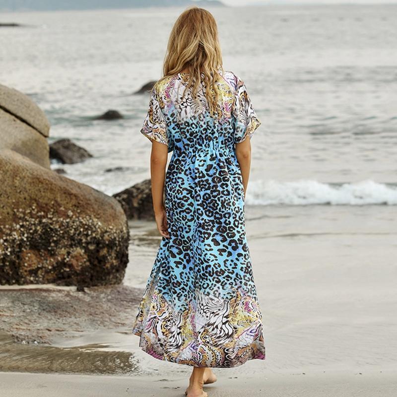 Women Beach Boho Leopard Print Long Bikini Cover Up Batwing Sleeve Suit Coverup