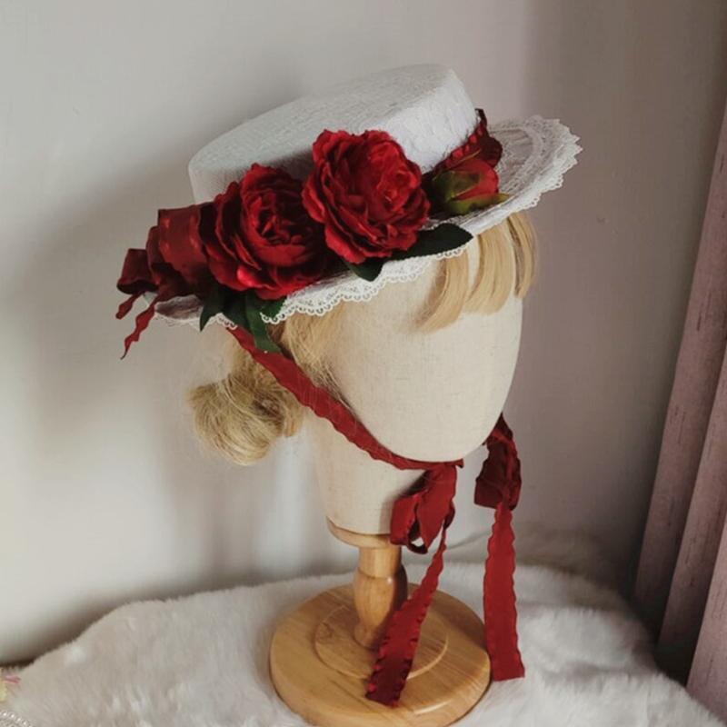 Sweet Lolita Lace-up Flat Top Hat Japanese Girl Flower Tophat for Wedding Church