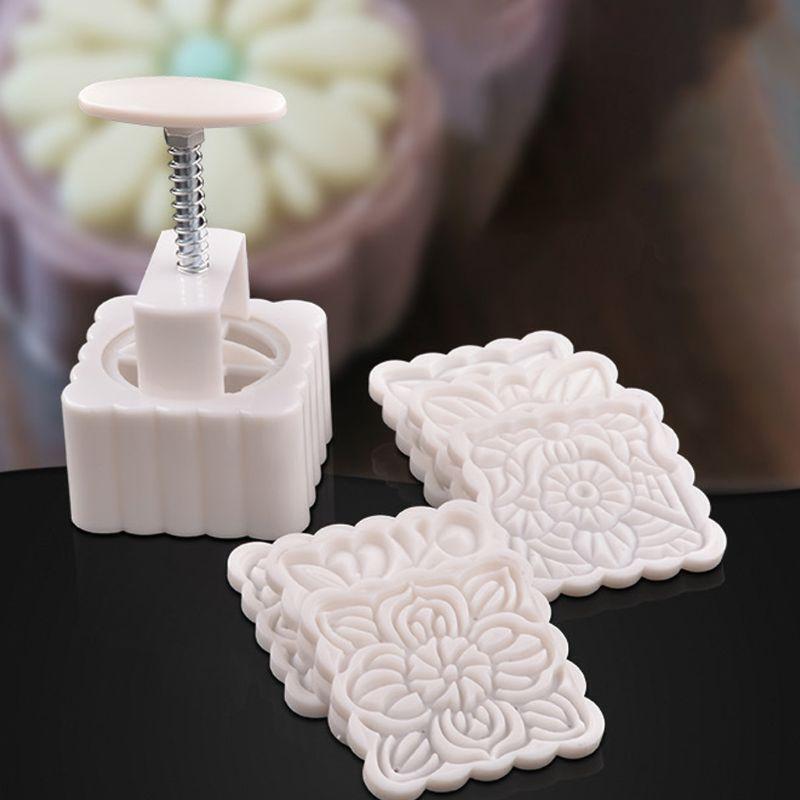 250g Mooncake Mold with 6pcs Square Flower Stamps Hand Press Moon Cake Pastry