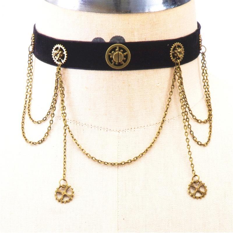 Women Girl Gothic Velvet Choker Metal Gear Chain Adjustable Necklace Accessories