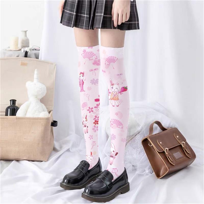 Lolita Cherry Blossom Rabbit Print Thigh High Stockings Anime Over Knee Socks