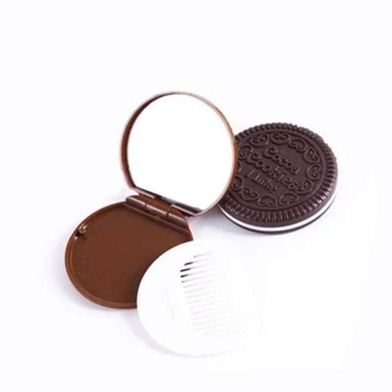 Women Girls Chocolate Cookie Mini Pocket Mirror With Comb Princess Portable