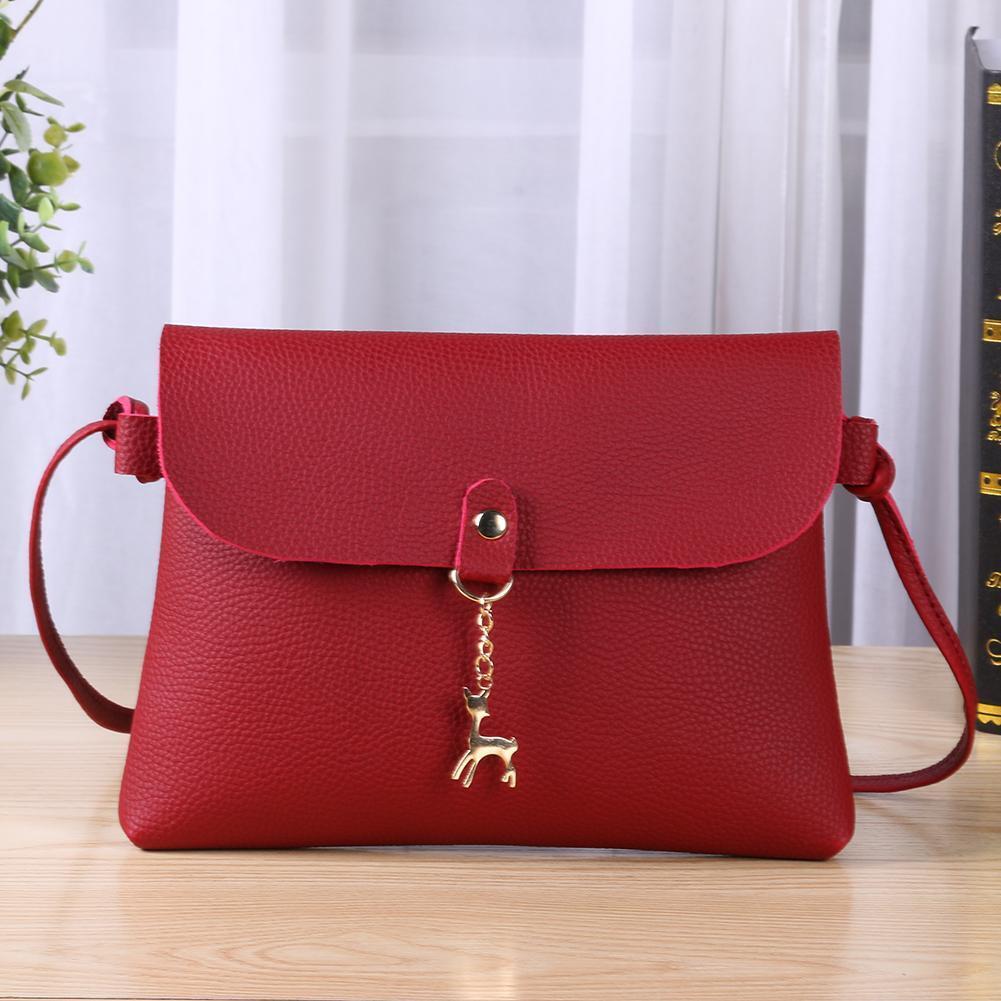 Simple Pure Color Deer Pendant Shoulder Handbags Women Crossbody Bags (Red)