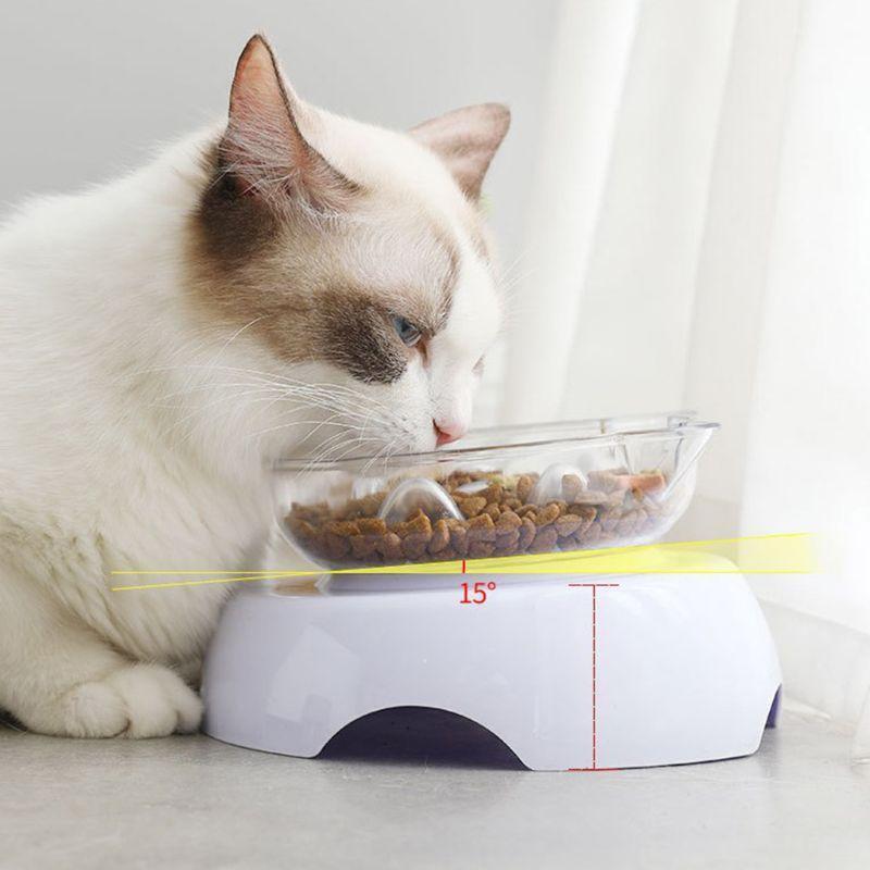 Pet Cat Food Water Bowl Dog Raised 15 Degree Tilt Neck Guard Stand Slow Feeder