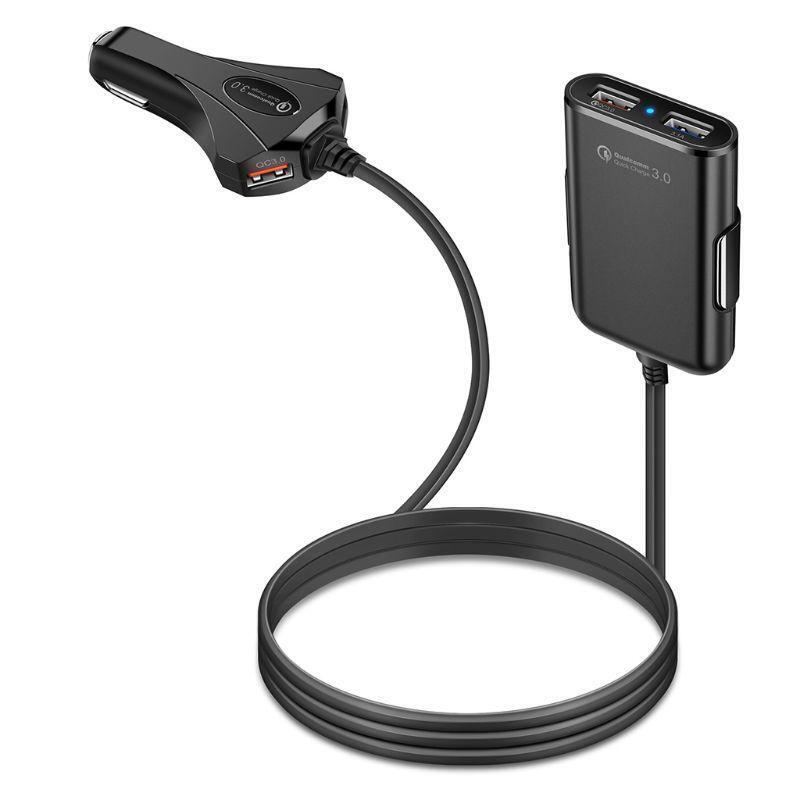 QC3.0 4 Ports USB Car Charger For Front Back Seat With Extension Cable For Phone