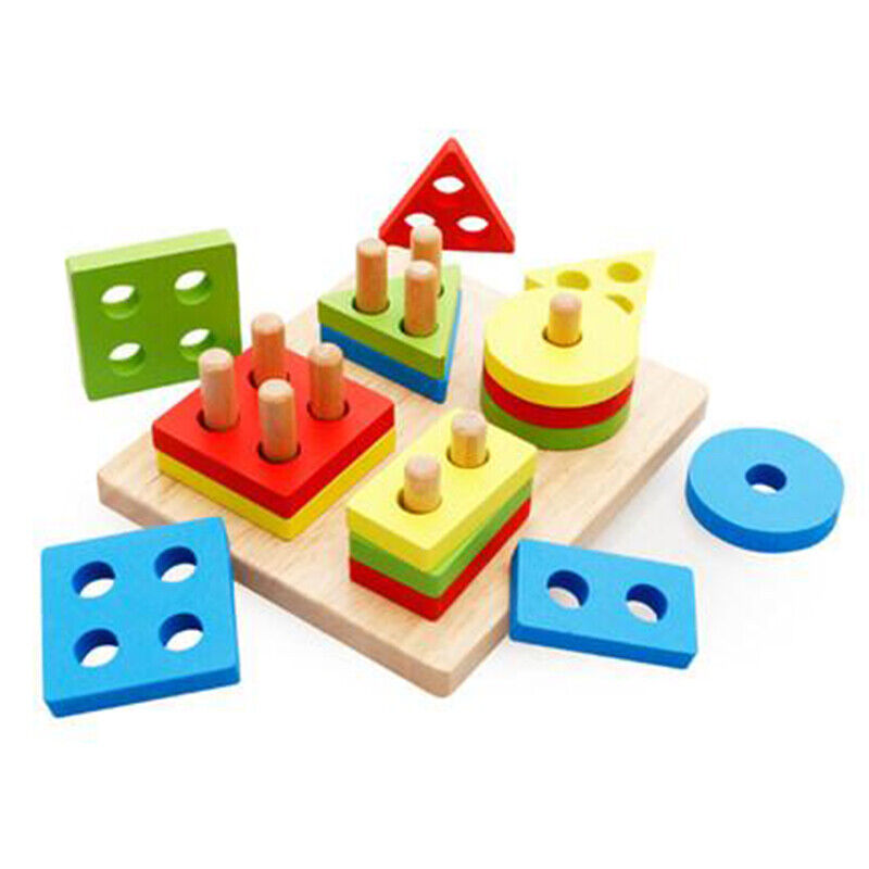 Wooden Shape Blocks Montessori Educational  Baby Toddler Shape Matching