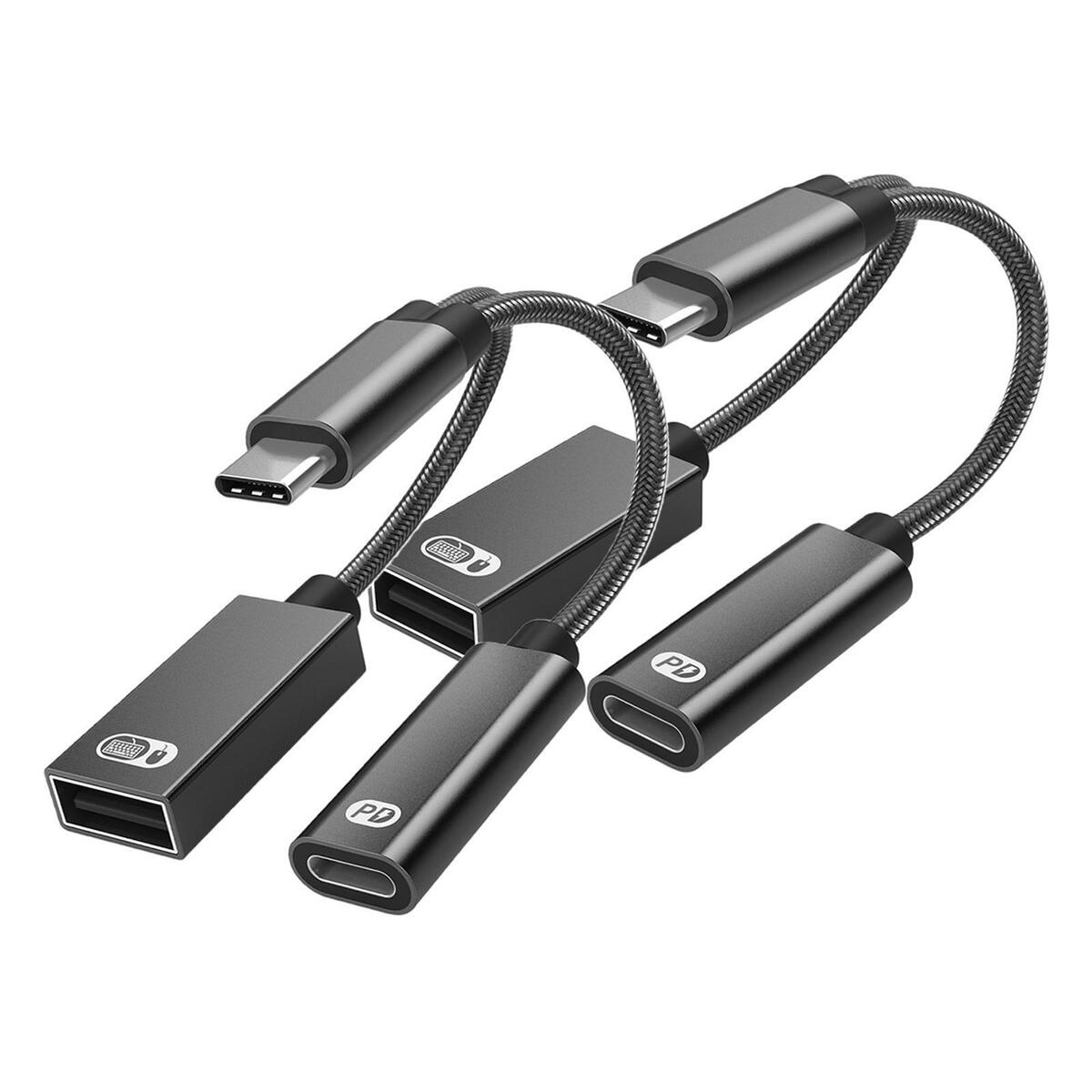 2x  OTG Adapter with Fast Charging Braided Cord PD 60W for Laptop black