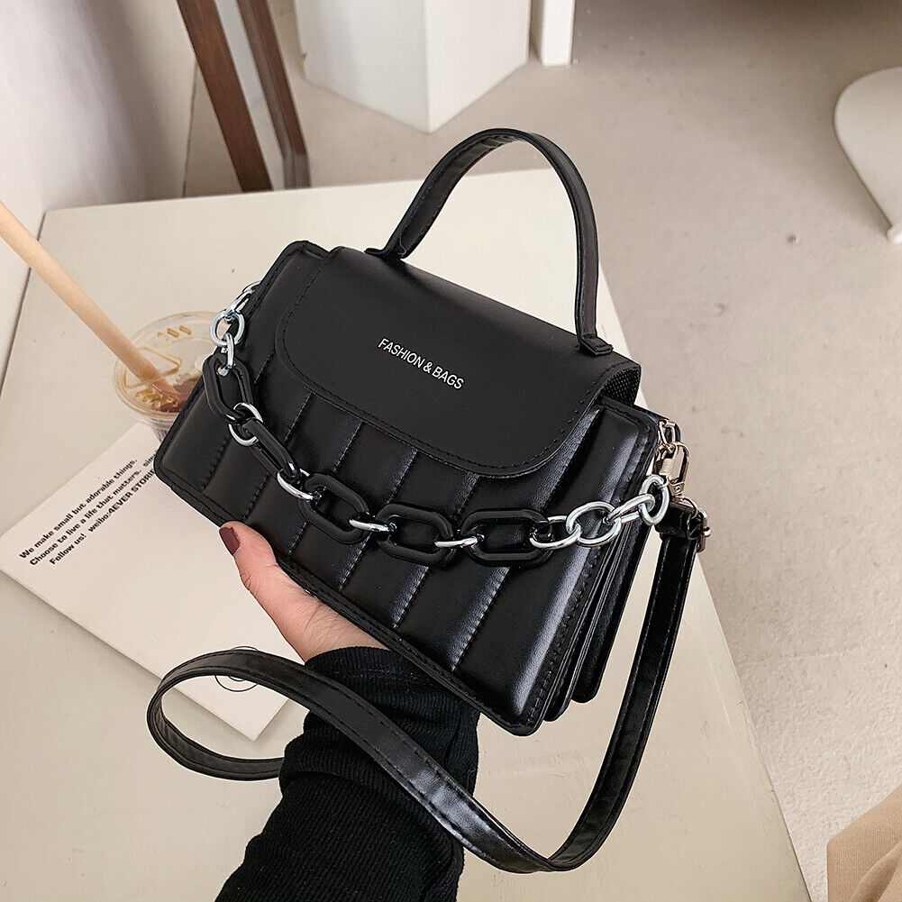 Casual Women Pure Color PU Chain Shoulder Bag Fashion Mini Handbags (Black)