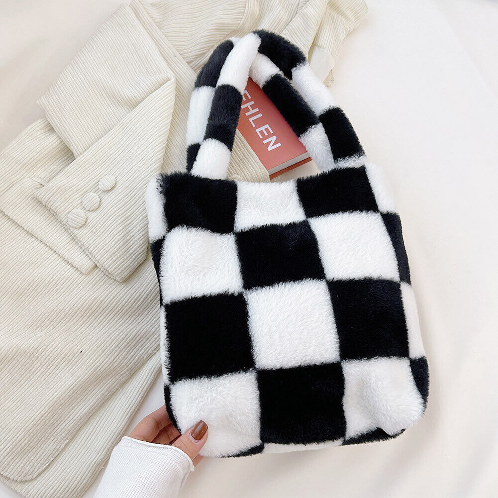 Fashion Checkered Print Shoulder Bag Autumn Winter Plush Hit Color Handbag