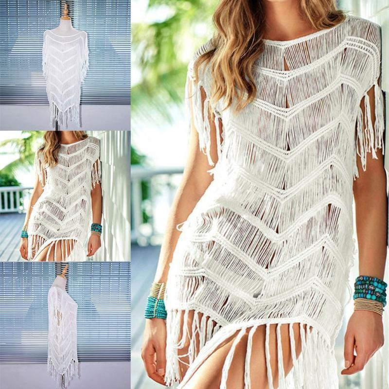 Women Summer Crochet Striped Swimsuit Bikini Cover Up Fringe Tassel Beach Dress