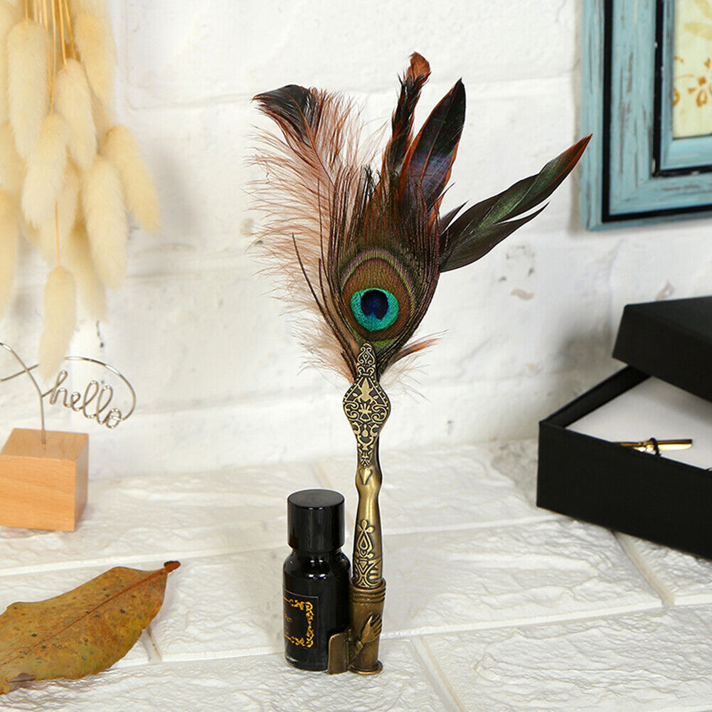 Feather Writing Quill Pen Ink Bottle Set Collection Calligraphy Stationery