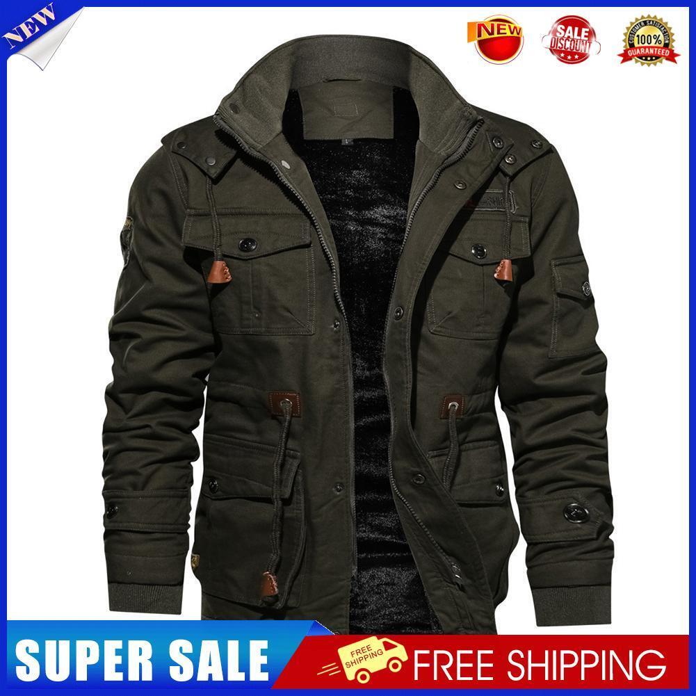 Men Long-Sleeve Thicken Fleece Hooded Coat Pocket Zipper Jacket (Green 3XL)