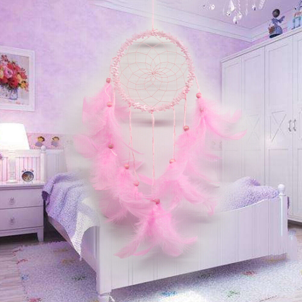 Flower Feathers Dream Catcher Wall Hanging Home Car Decor Ornament(Pink)