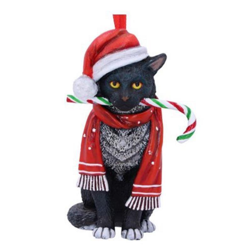 Christmas Cat Ornament Furry Kitten with Scarf Hat Holiday Tree Hanging Decor