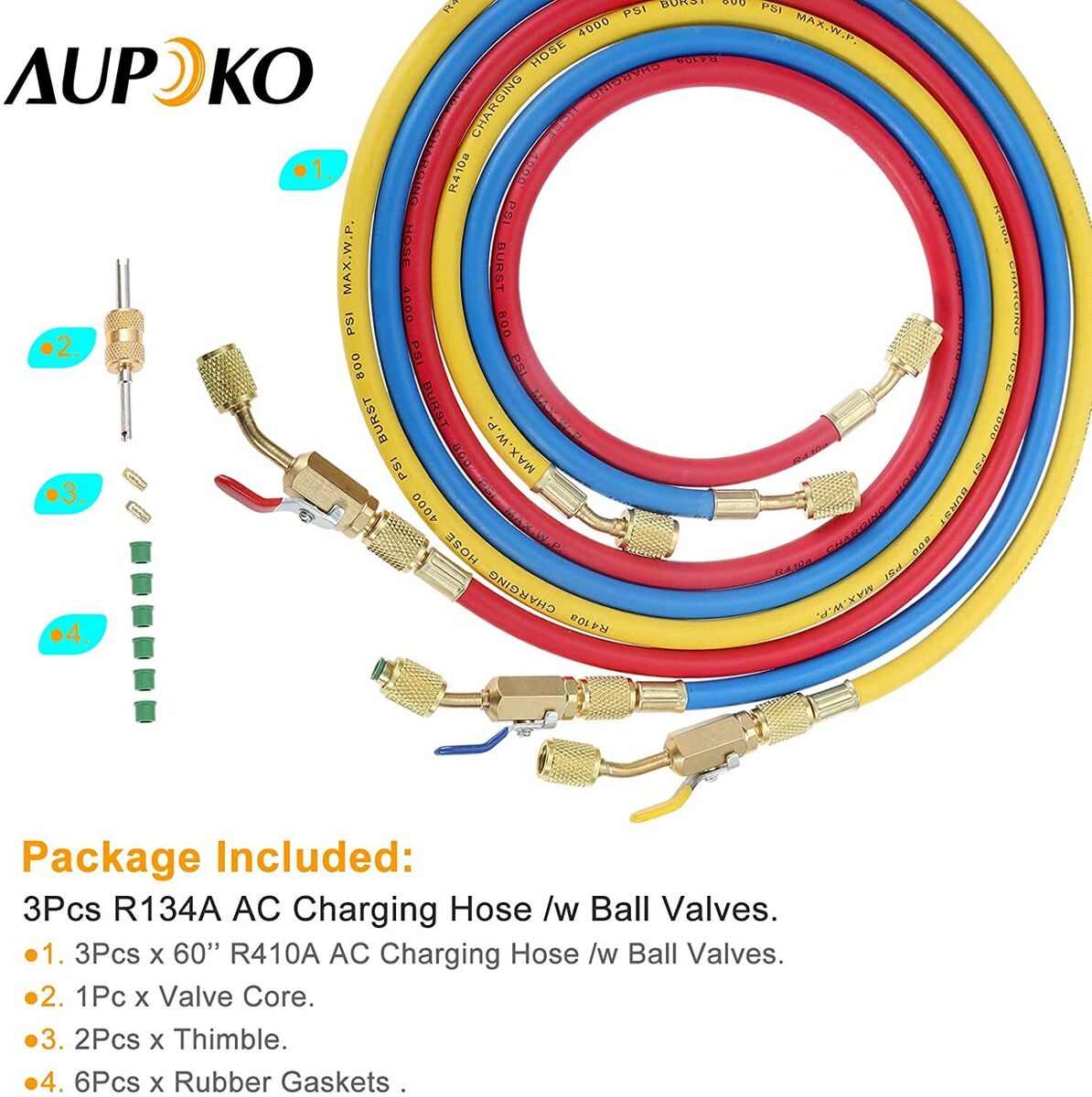 HQ AC Refrigerant Charging Hoses with Ball Valve R410A HVAC Hose Kits 3 Colour