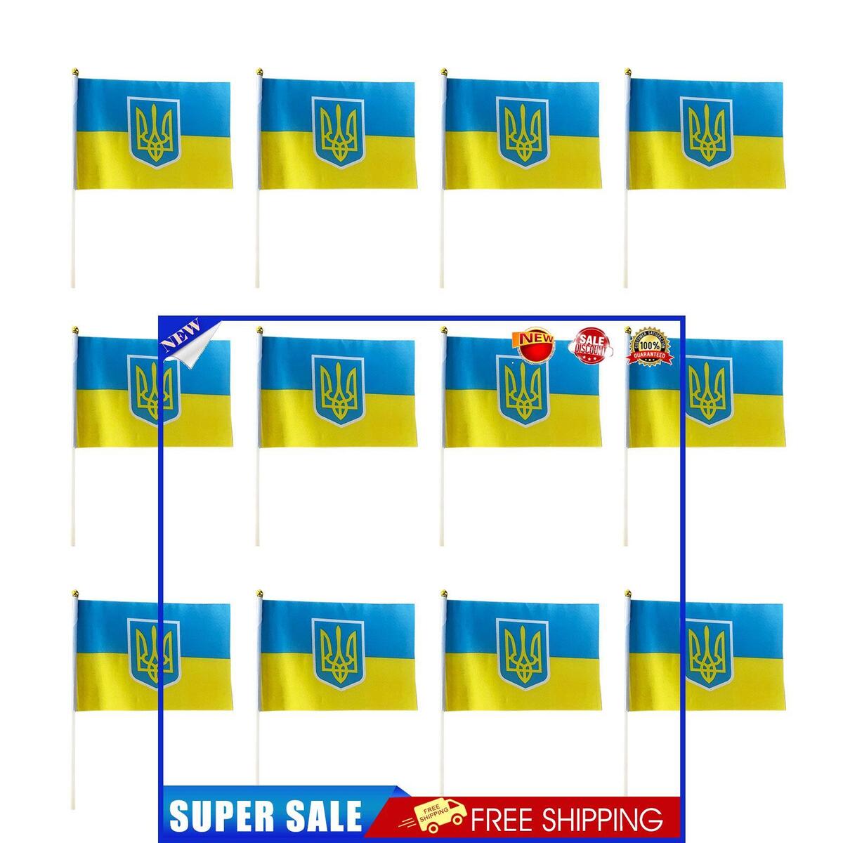 Ukraine Hand Held Flags - 12 Pack Mini Ukraine Country Stick Flag (14x21cm)
