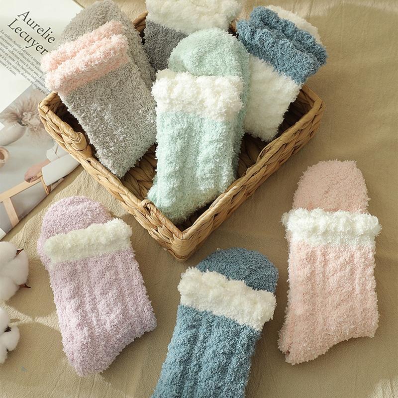 5 Pairs Coral Velvet Fuzzy Slipper Socks Solid Color Twist Braided Sleep Hosiery