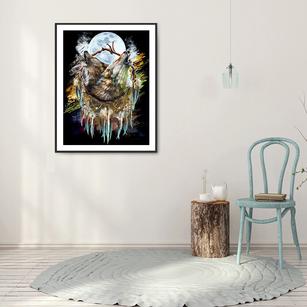 5D Full Round Drill Diamond Painting Wolf Wind Chime Mosaic Rhinestone Draw