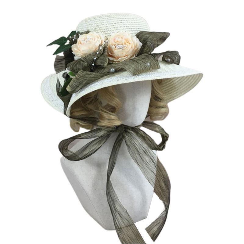 Lace Breathable Straw Hat Flower Rose Ribbon Caps with Wide Edge for Womens Girl