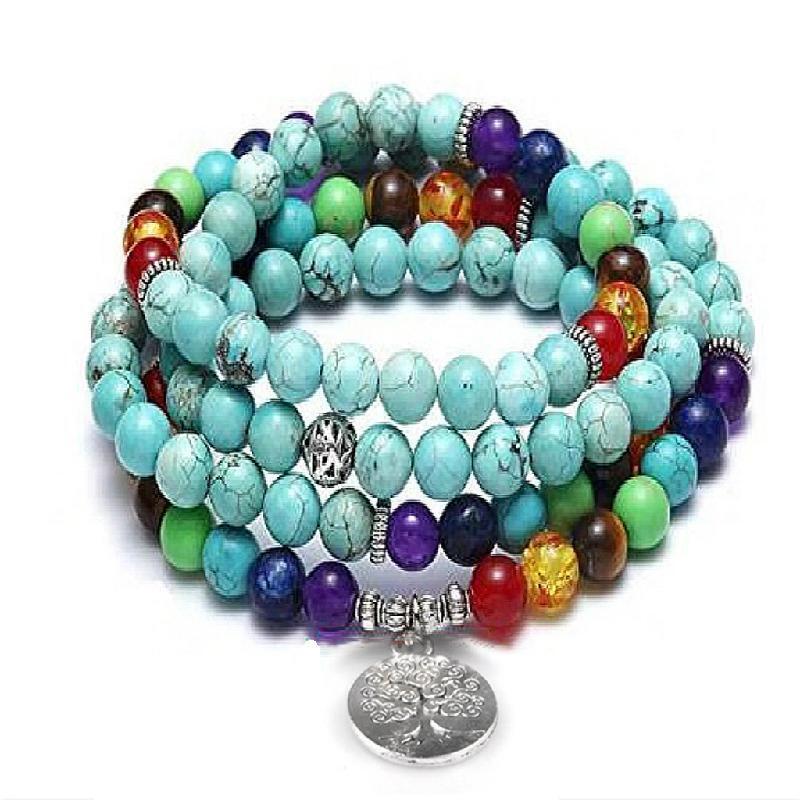 8mm Turquoise Healing 108 Mala Beads Tree of Life Necklace Yoga Wrap Bracelet
