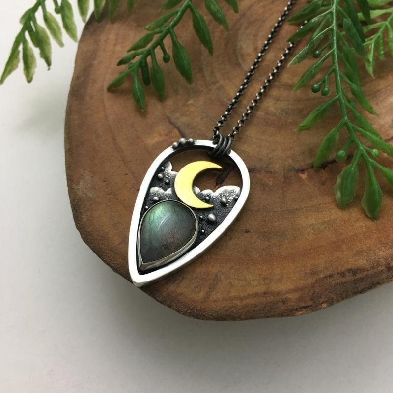 Boho Moon Stone Pendant Necklace Teardrop Clavicle Chain Hollow-out Neck Jewelry