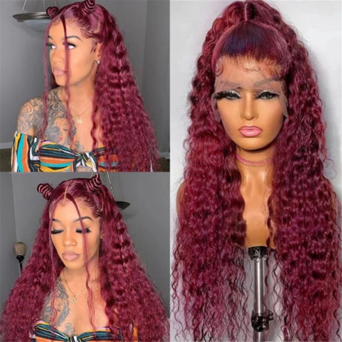 Lace Wig Loose Curly Lace Front Wigs Dark Red Long Water Wave Synthetic Wig