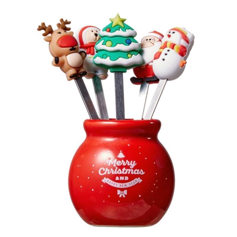 Christmas Ornaments Fruit Forks Stainless Steel and Silicone Material Fruit Fork