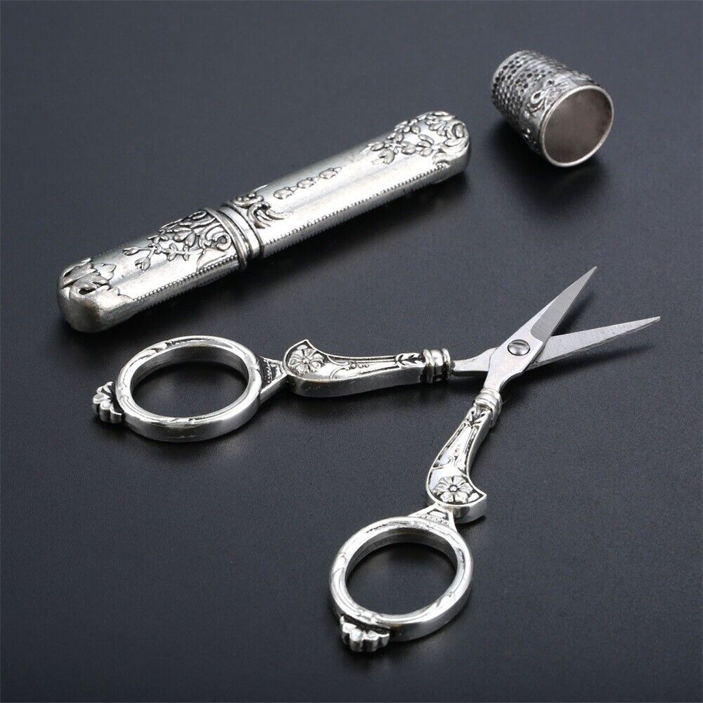 Exquisitely Carved Scissors Thimble Needle Case Embroidery Sewing Tool 3Pc/Set