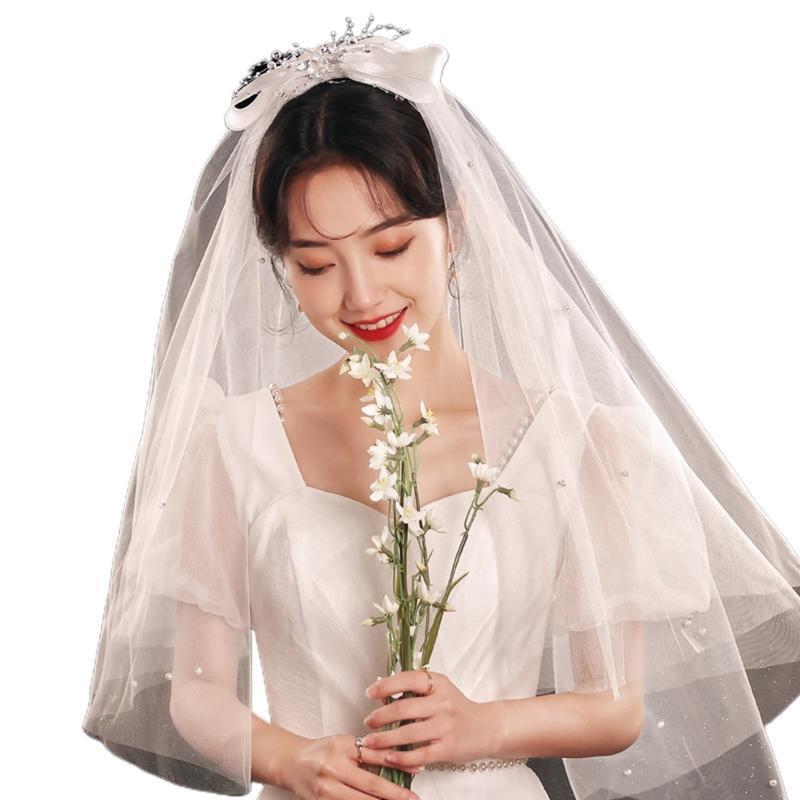 Wedding Bridal Veil with Ribbon Bow Decoration Short Sparkles Sheer Tulle 2 Tier