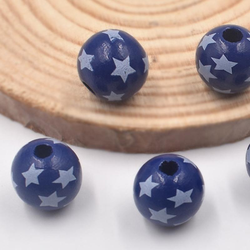 Independence Day Wood Beads 10 Pcs Round Patriotic Star Wooden Bead