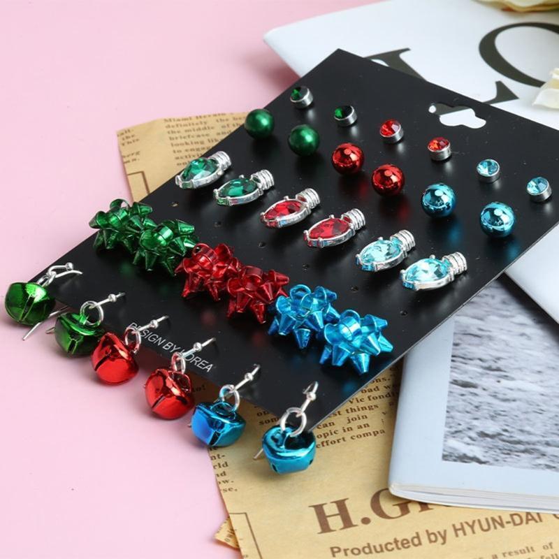 15 Pairs Cartoon Christmas Stud Earrings Women Personality Drop Dangle Ear Studs