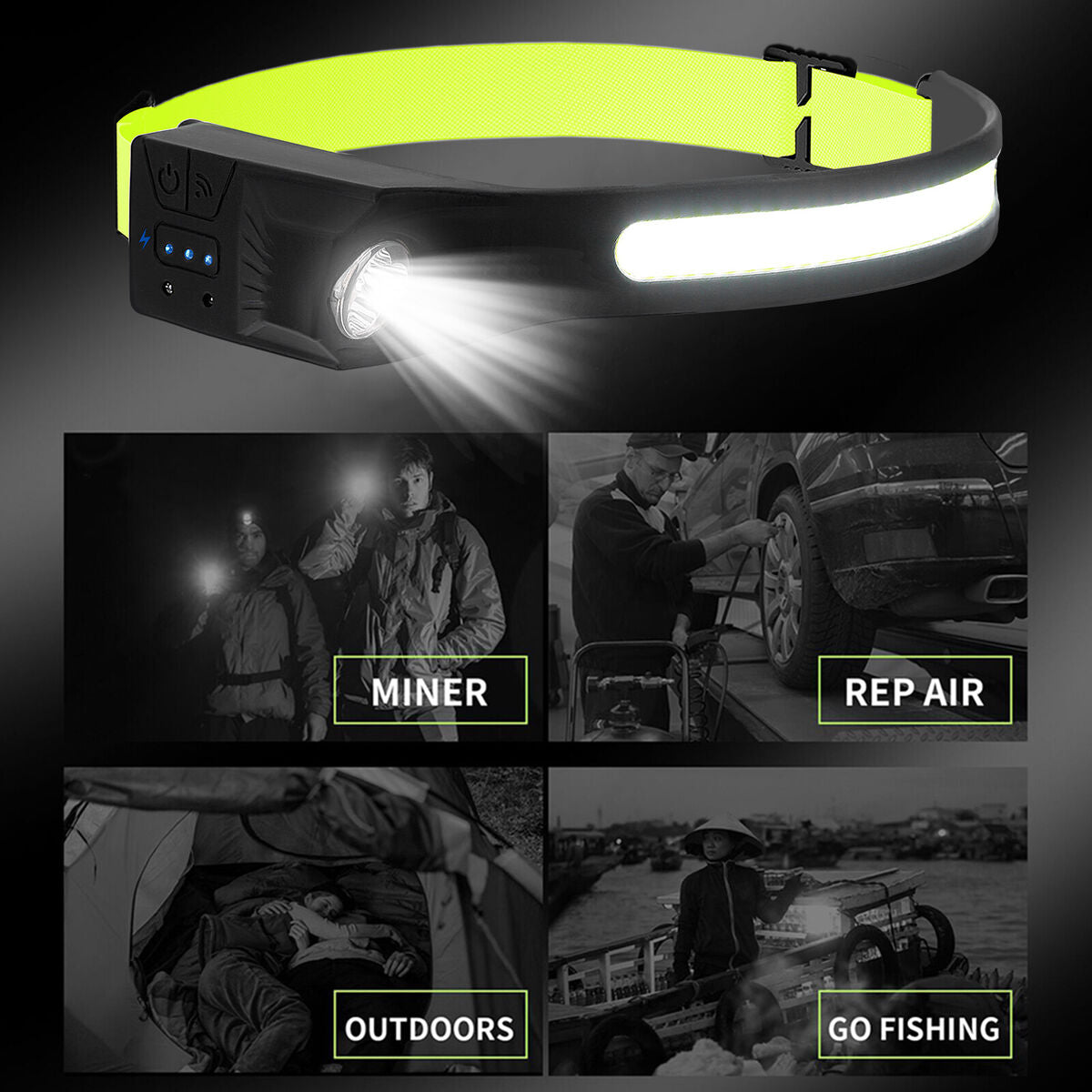 1pcs Wave Sensing COB Headlights Adjustable Headband Night Work Suitable
