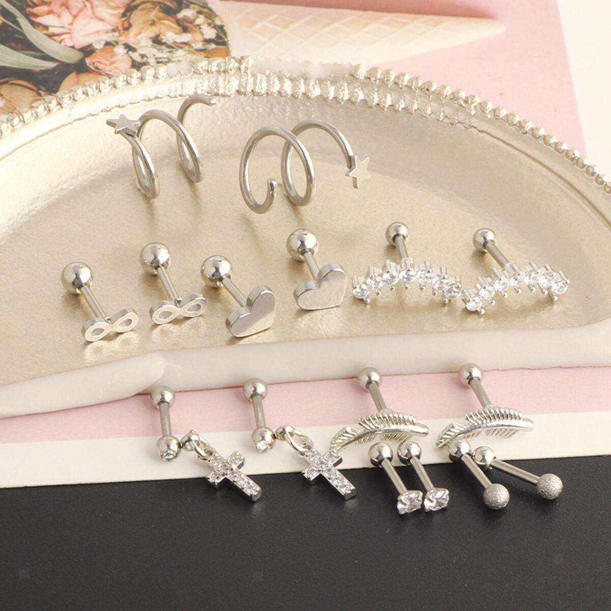 16 Pieces Stainless Steel Earrings Set for Women Men Earring Hoops Feather