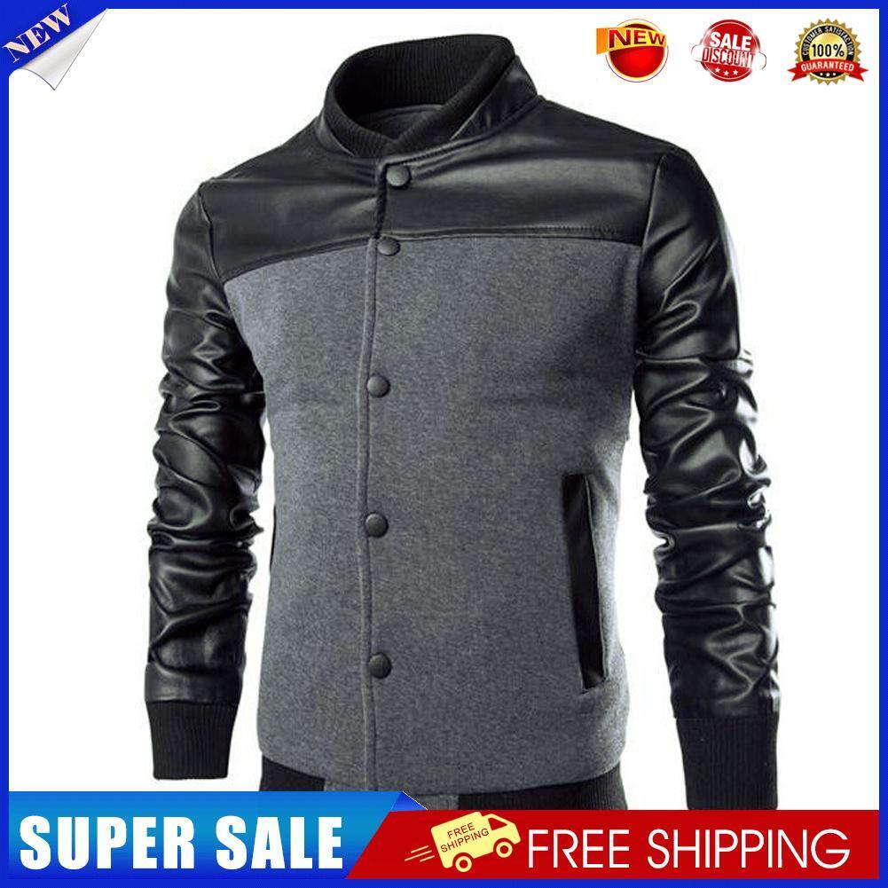 Men Winter Leather Splicing Long Sleeves Stand Collar Jacket (Grey 2XL)-985