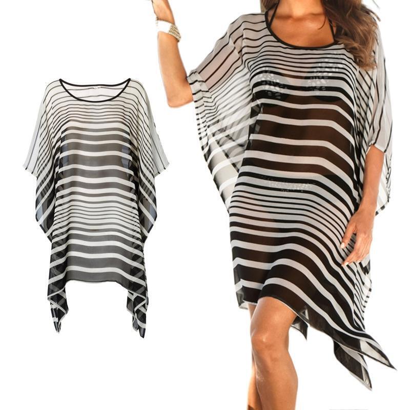 Women Strips Print Bikini Cover Up Batwing Sleeve Suit Coverup Beach Long Dress