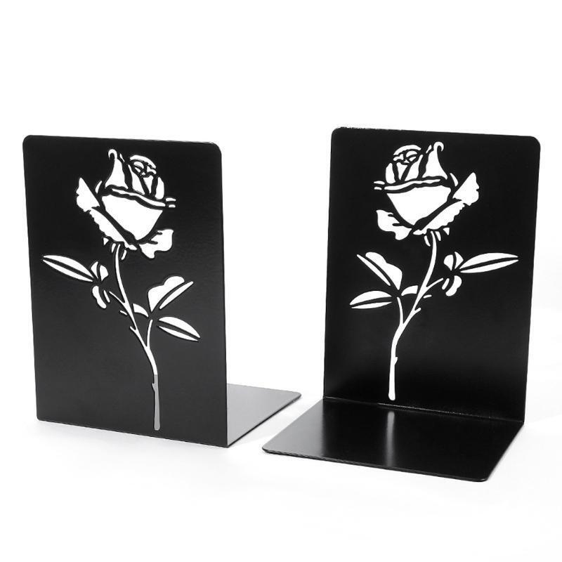 Decorative Rose Bookends for Heavy Books Anti-Slip Metal Book Stoppers Holders f