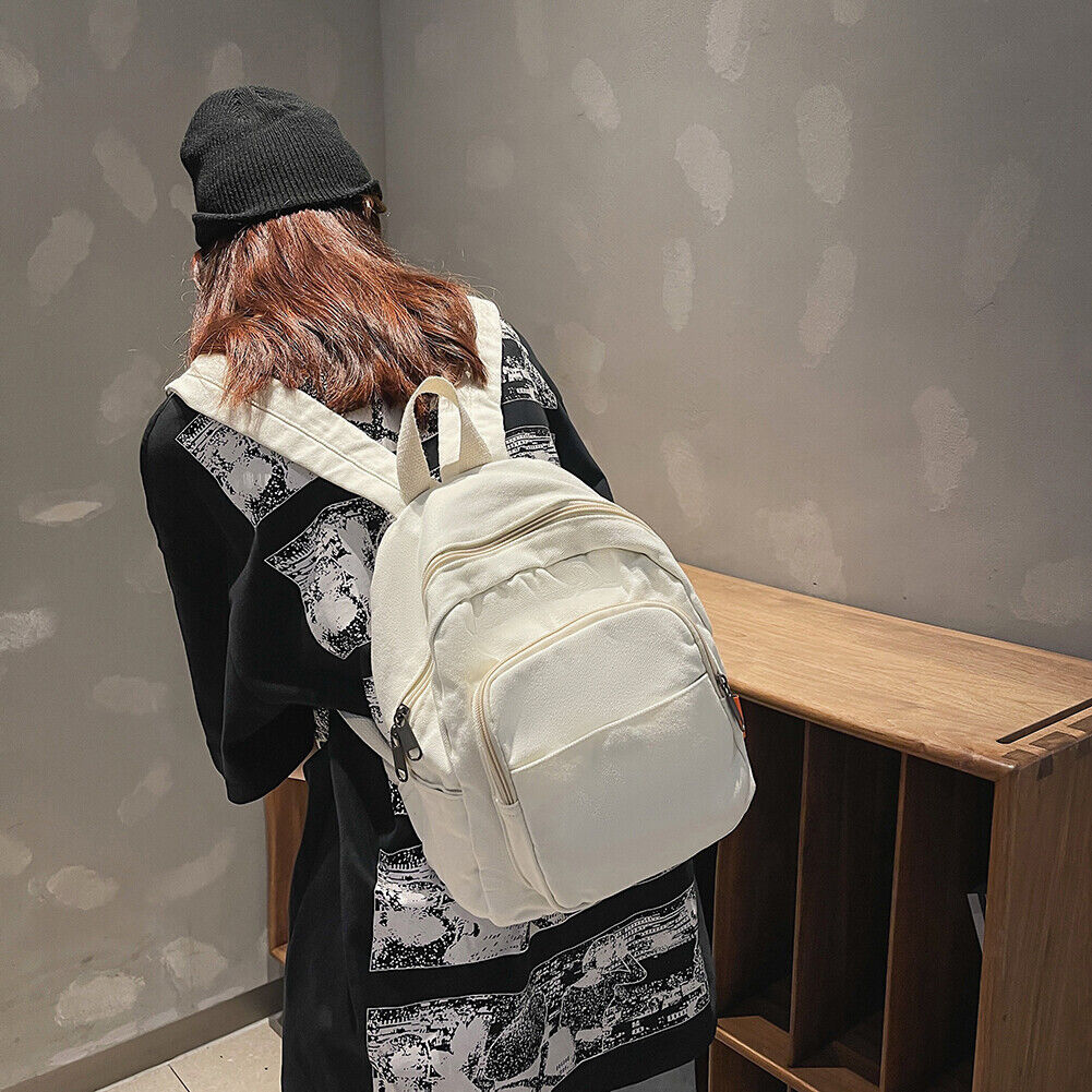 Fashion Women Solid Color Backpack Students Canvas School Knapsacks (White)