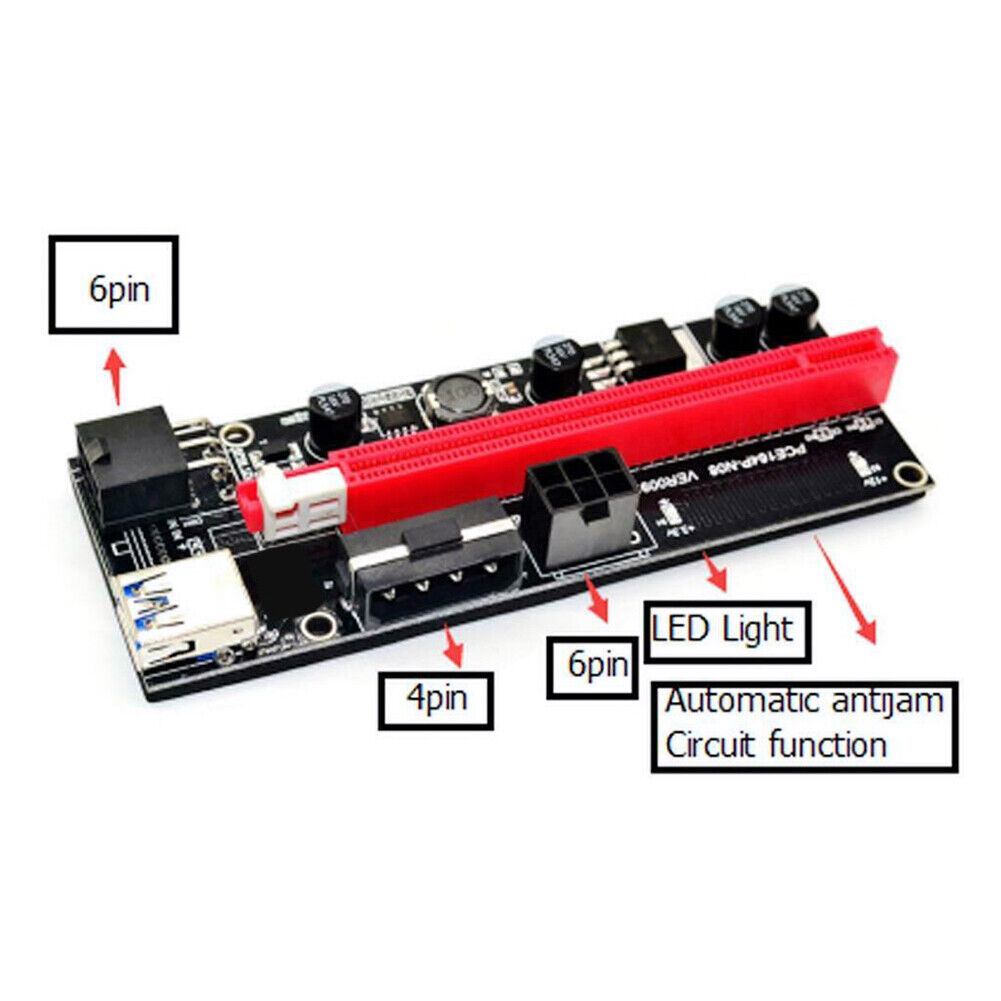 PCI-E Riser Card PCI Express 1X to 16X Extender Adapter 4Pin 6Pin Power