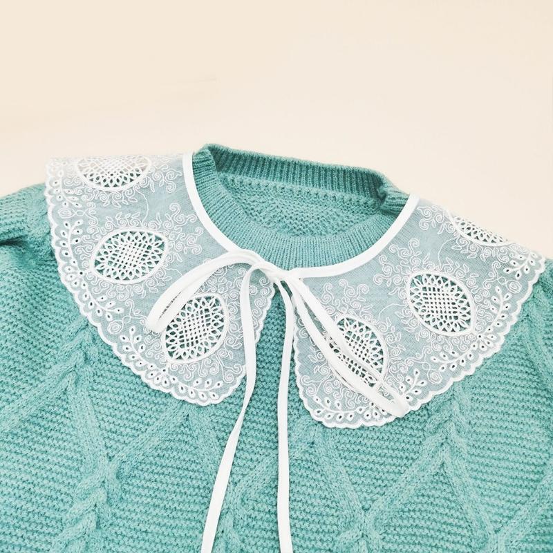 Women Scalloped Trim False Collar Shawl Embroidery Leaves Floral Bow Scarf Cape