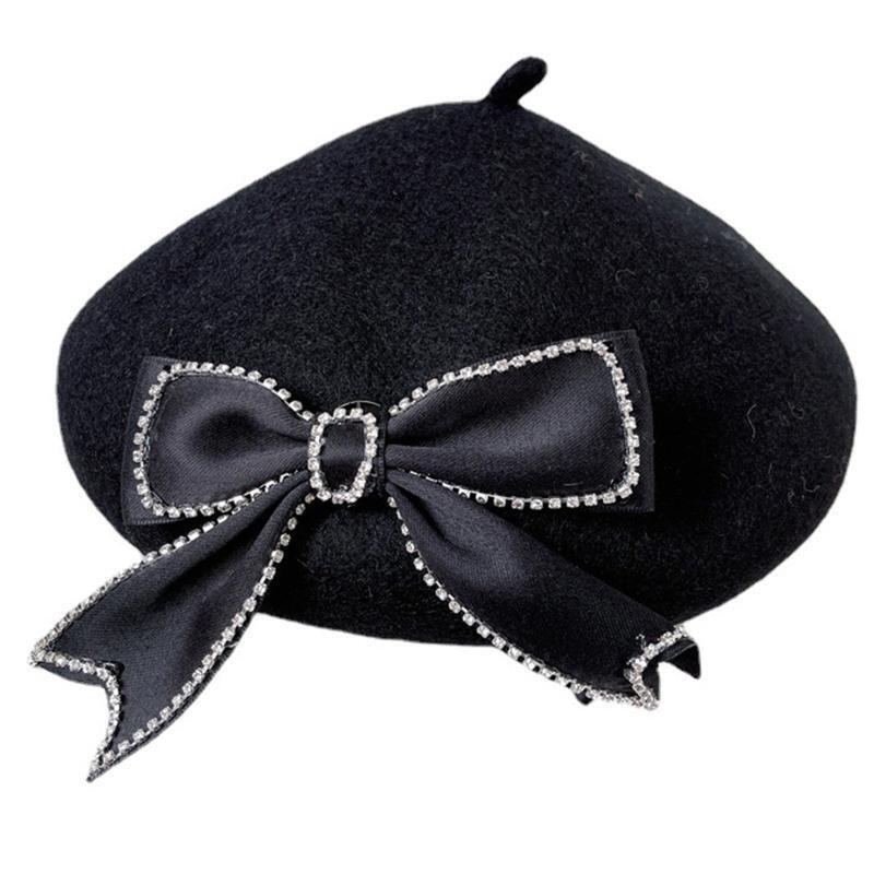 Fashion Ribbon Bow Beret Winter Black Beanie Hat Painter Hat Warm for Fall Winte