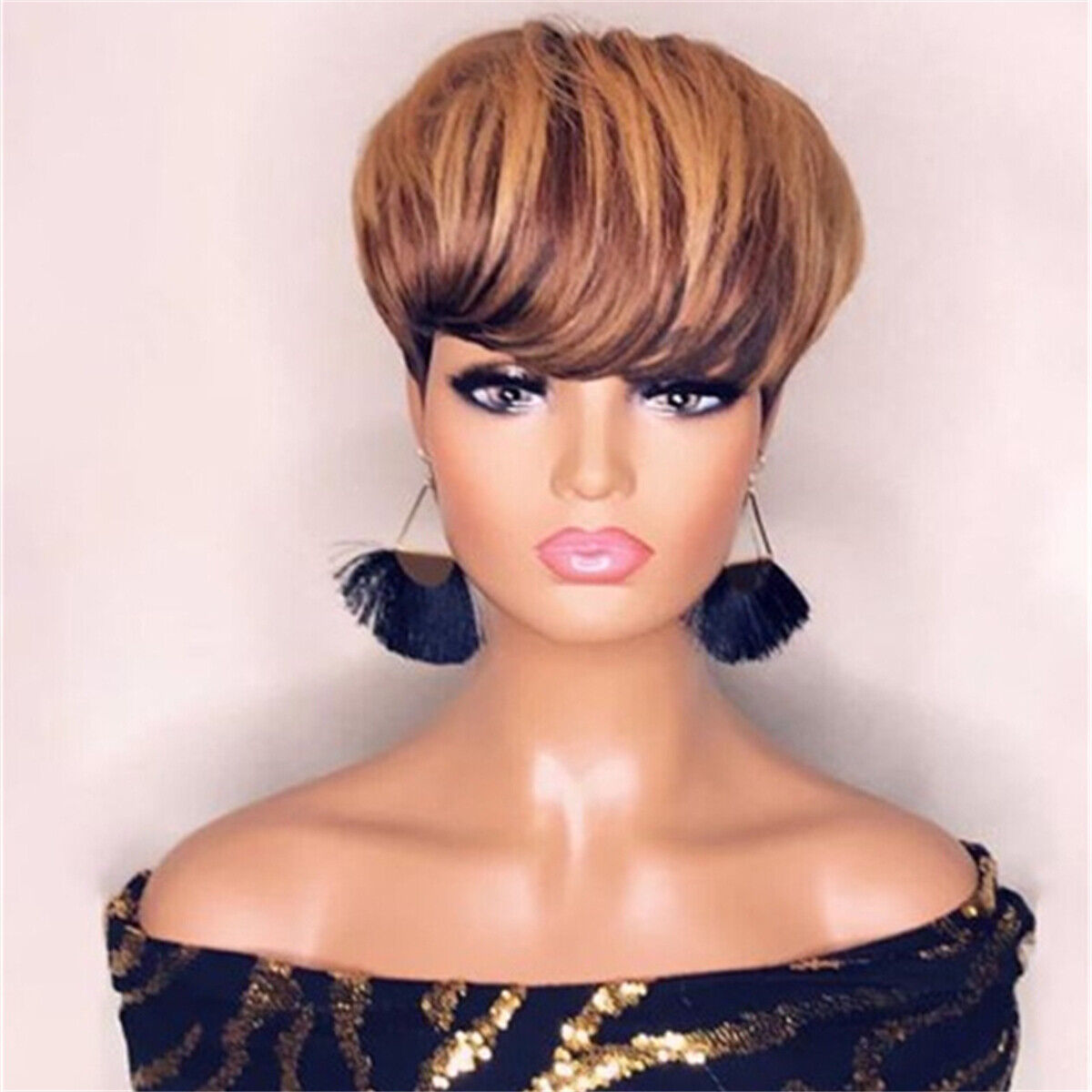 Short Honey Blonde Ombre Brazilian Human Hair Bob Wig With Bangs Pixie Cut Wigs