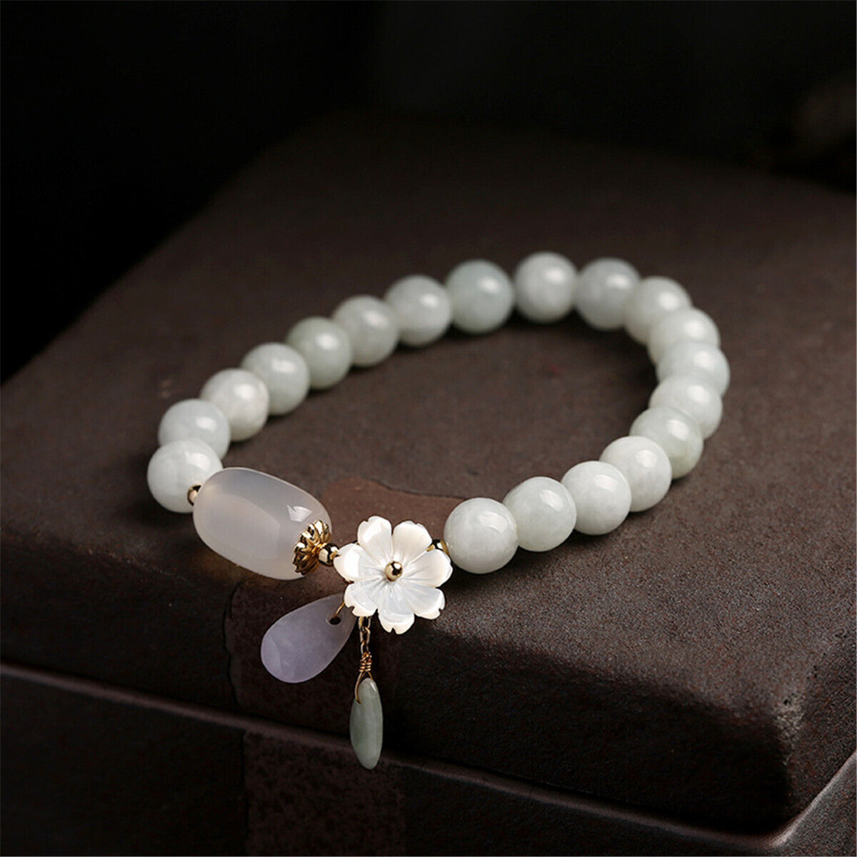 Natural Jade Agate Beads Water Drop Shell Flower Bracelet Bangle Women Jewelry