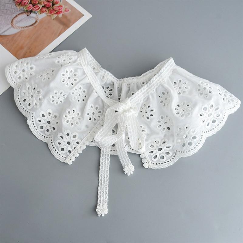 Women Embroidery Lotus Root Pattern Faux Collar Pleated Shawl Lace-Up Cape Scarf