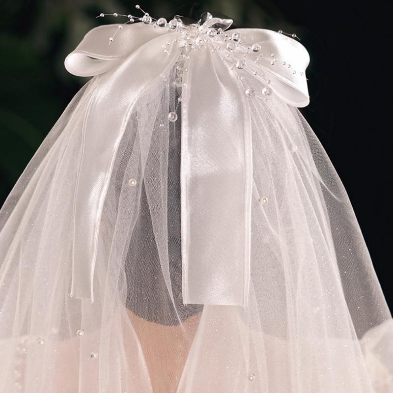 Wedding Bridal Veil with Ribbon Bow Decoration Short Sparkles Sheer Tulle 2 Tier