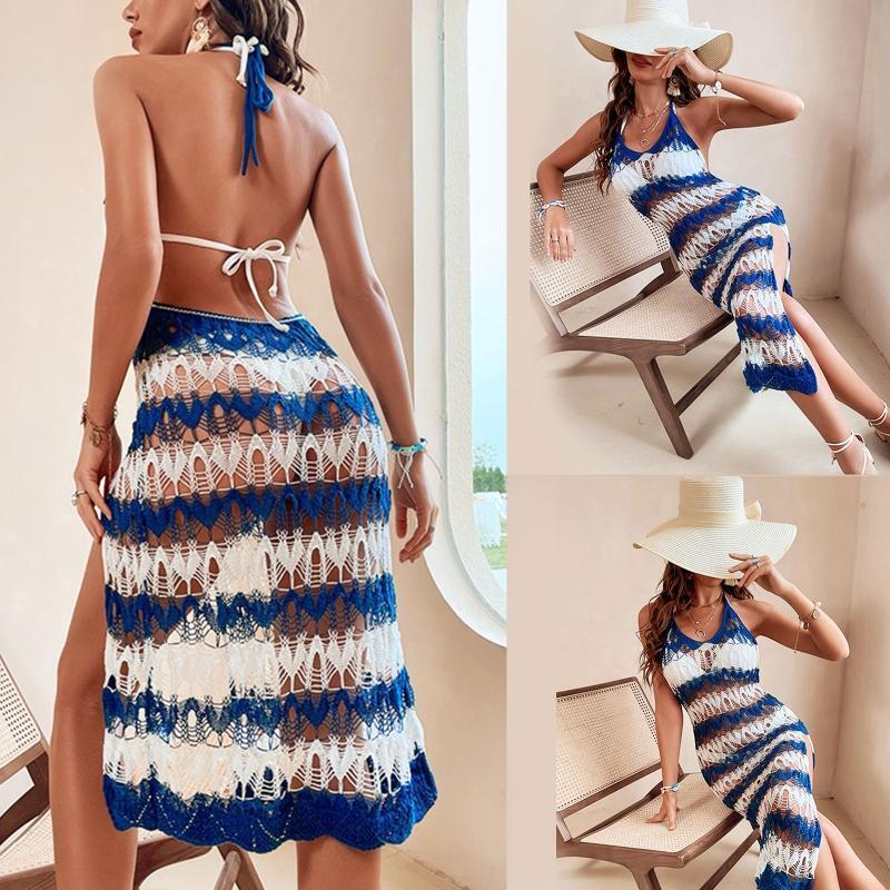 Women Knitted Beach Cover, Halter Neck Sleep Shirt Hollow Crochet Swimsuit Dress