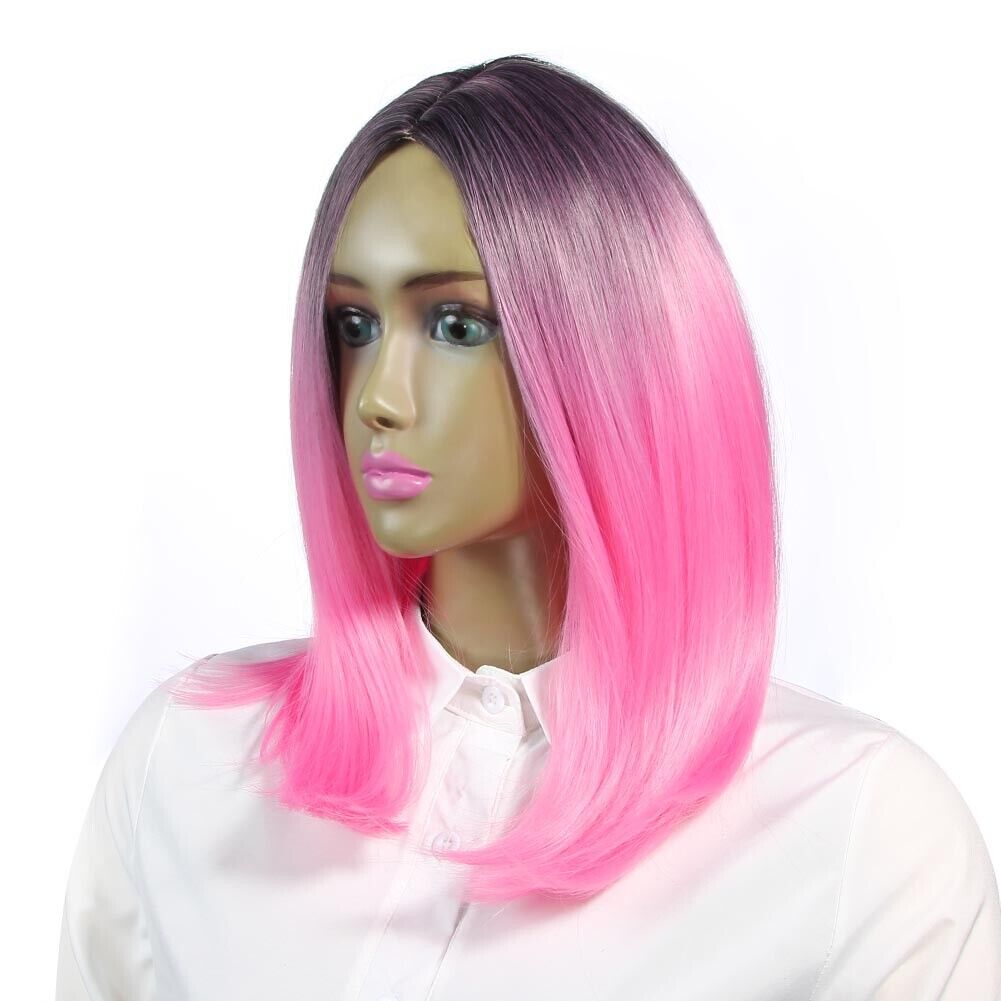 Women Medium-Long Straight Wigs Gradient Pink Heat Resistant Synthetic Hair